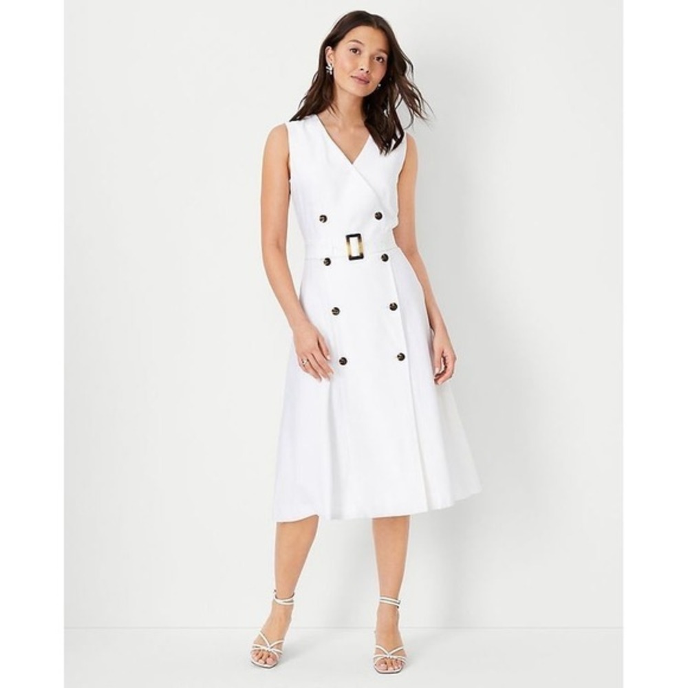 Ann Taylor White Double Breasted Sleeveless Belted Midi Trench Dress 12 NEW